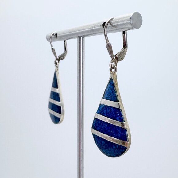 VTG Sterling Silver 925 Lapis Lazuli Teardrop Dangle Earrings Size 1.75" Length - Picture 2 of 9